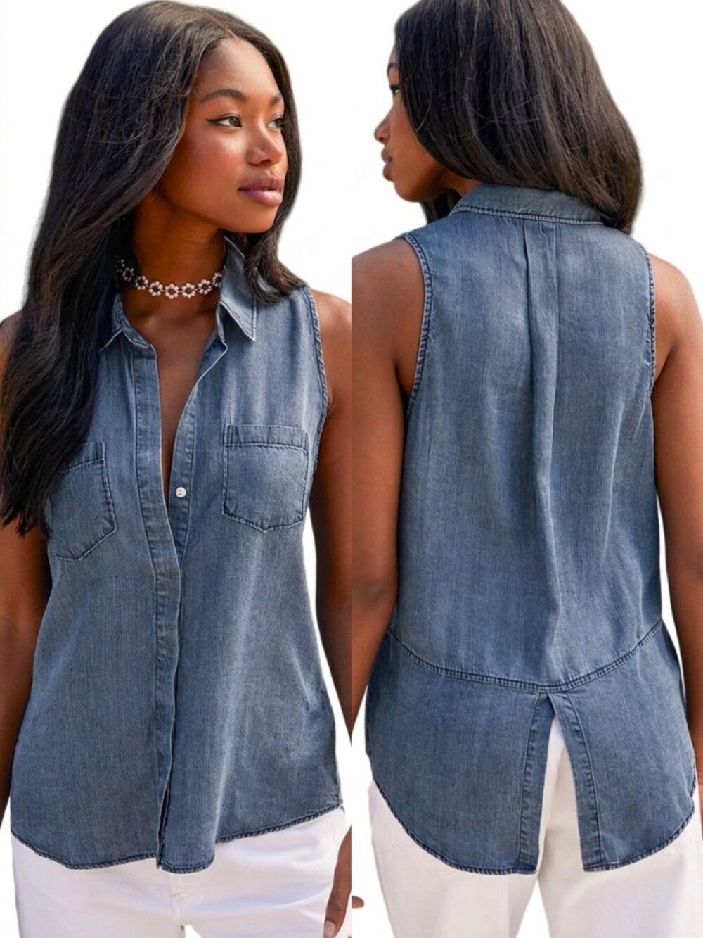 Lulus Chambray Sleeveless Button Up Courtesy Collar Blue Tencel Hi Low Top Small